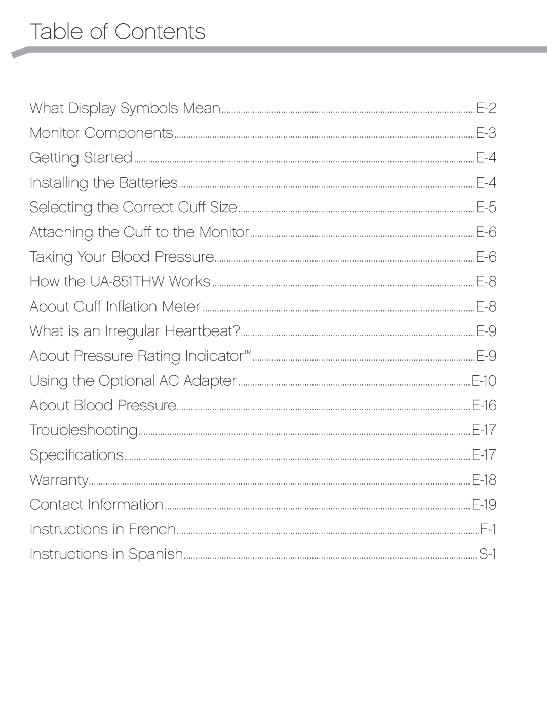 A&D UA851TMW, UA-851THW, UA_851THX user manual Table of Contents 