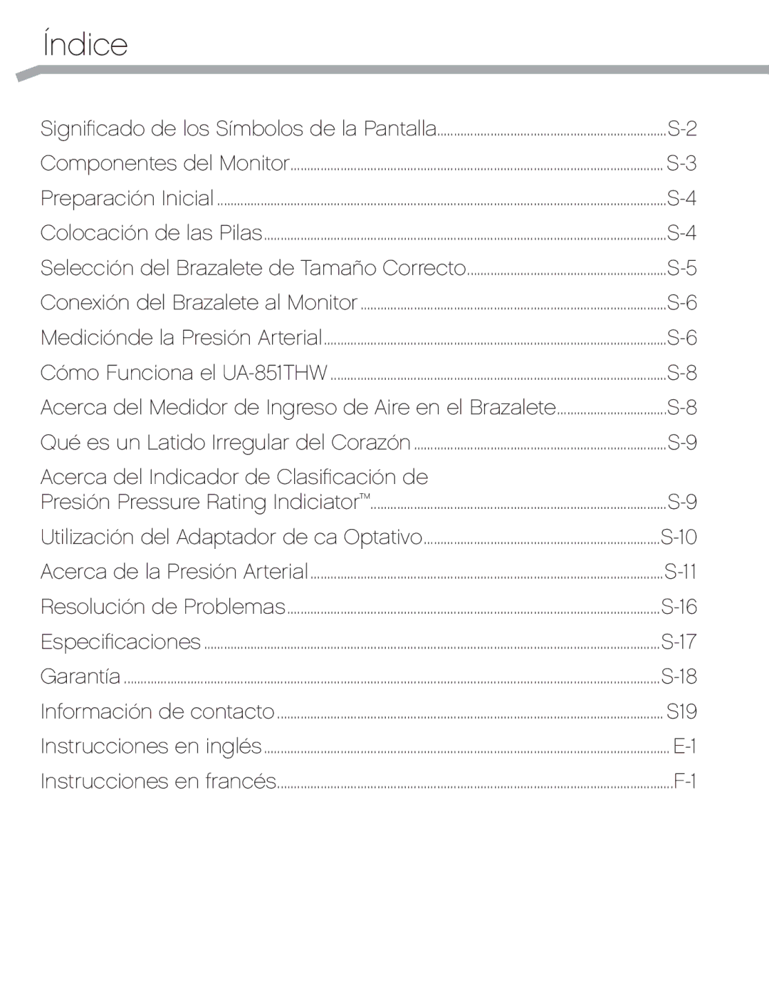 A&D UA-851THW, UA851TMW, UA_851THX user manual Índice, Selección del Brazalete de Tamaño Correcto 