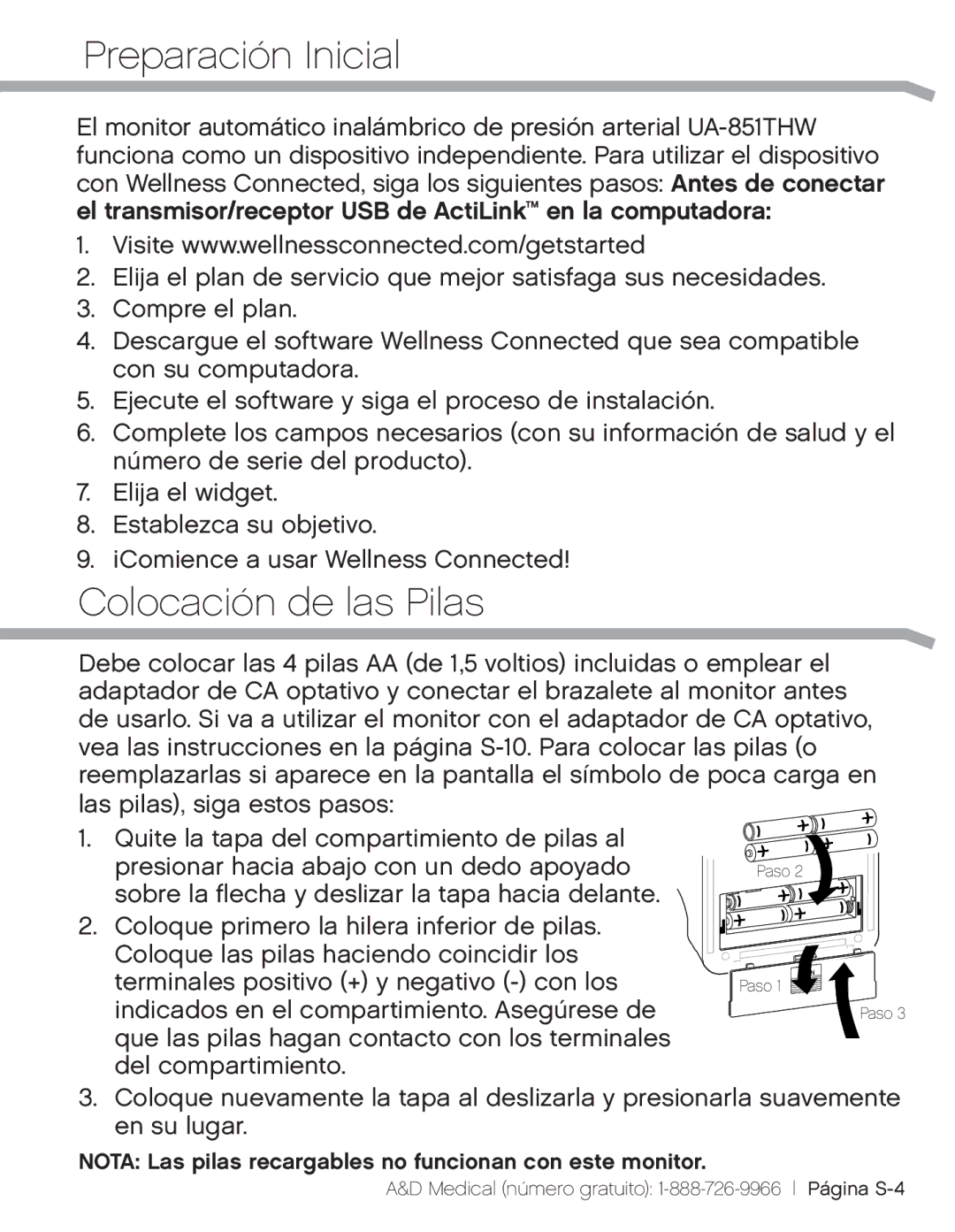 A&D UA-851THW, UA851TMW, UA_851THX user manual Preparación Inicial, Colocación de las Pilas 