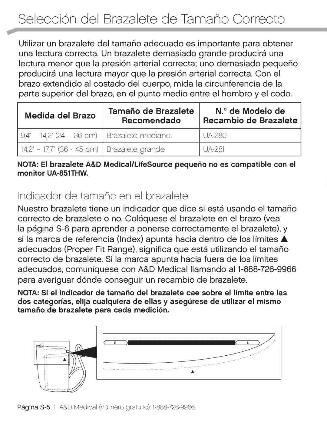 A&D UA851TMW, UA-851THW, UA_851THX Selección del Brazalete de Tamaño Correcto, Indicador de tamaño en el brazalete 