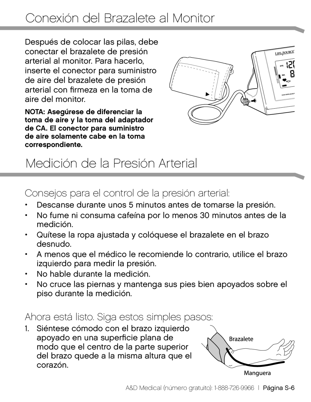 A&D UA_851THX, UA-851THW, UA851TMW user manual Conexión del Brazalete al Monitor, Medición de la Presión Arterial 