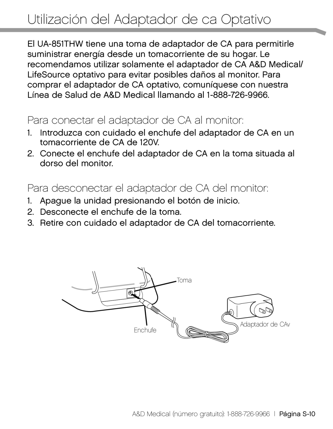 A&D UA-851THW, UA851TMW, UA_851THX Utilización del Adaptador de ca Optativo, Para conectar el adaptador de CA al monitor 