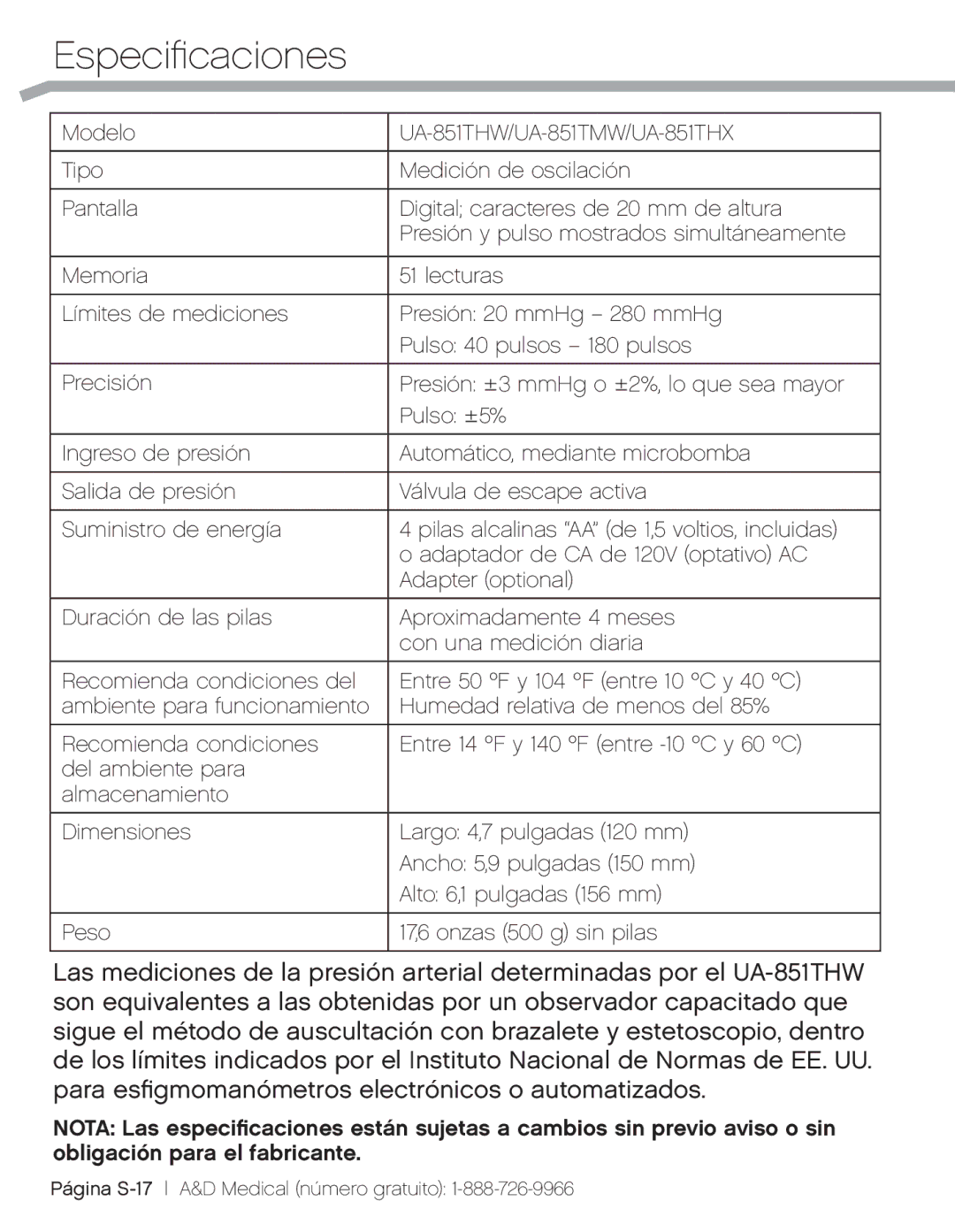 A&D UA851TMW, UA-851THW, UA_851THX user manual Especificaciones 