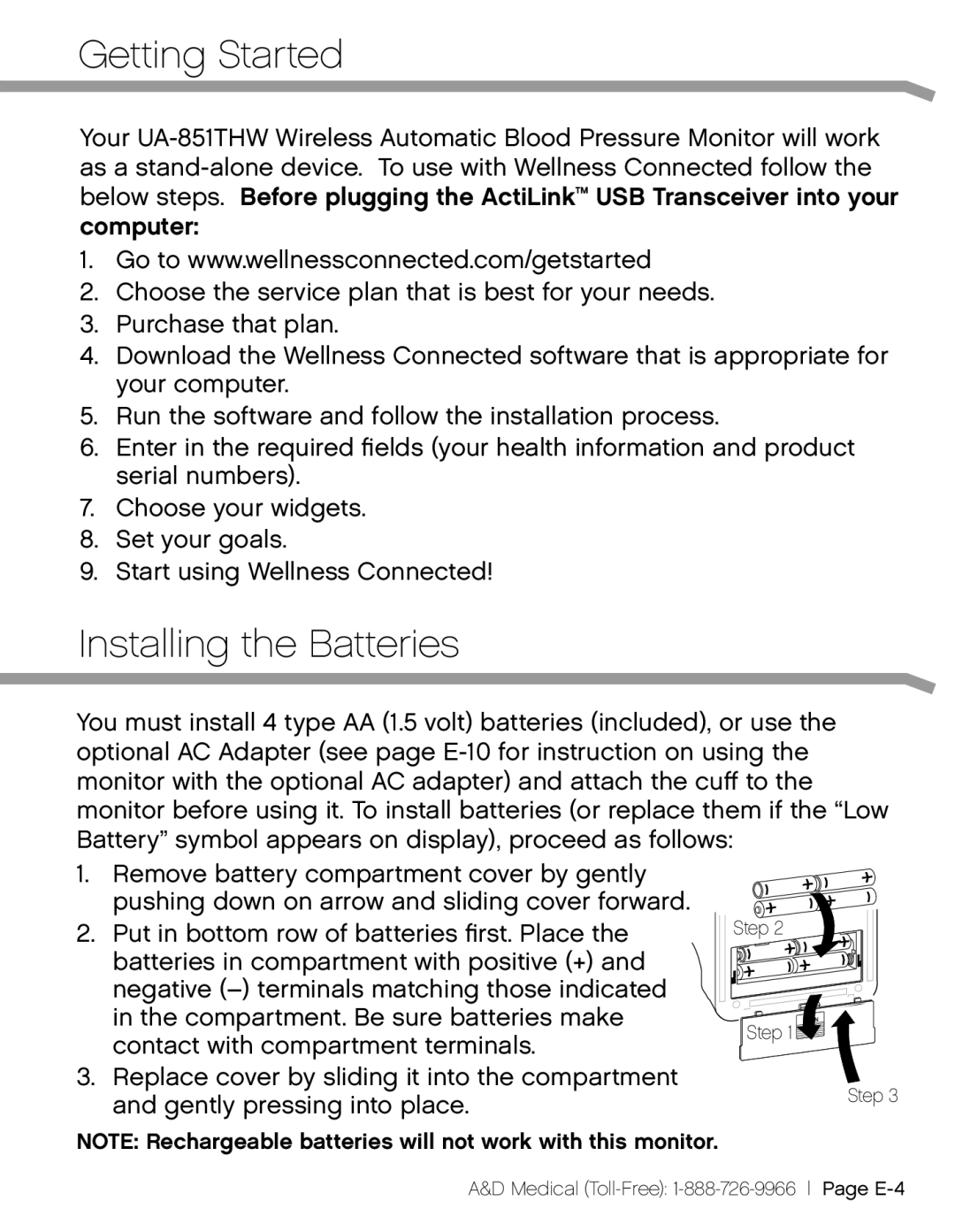 A&D UA851TMW, UA-851THW, UA_851THX user manual Getting Started, Installing the Batteries 