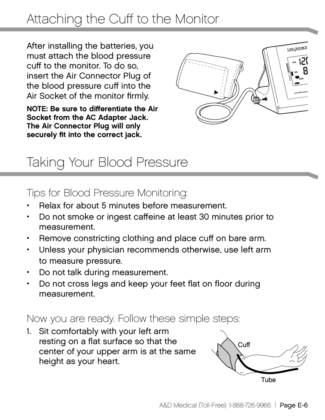 A&D UA-851THW, UA851TMW Attaching the Cuff to the Monitor, Taking Your Blood Pressure, Tips for Blood Pressure Monitoring 