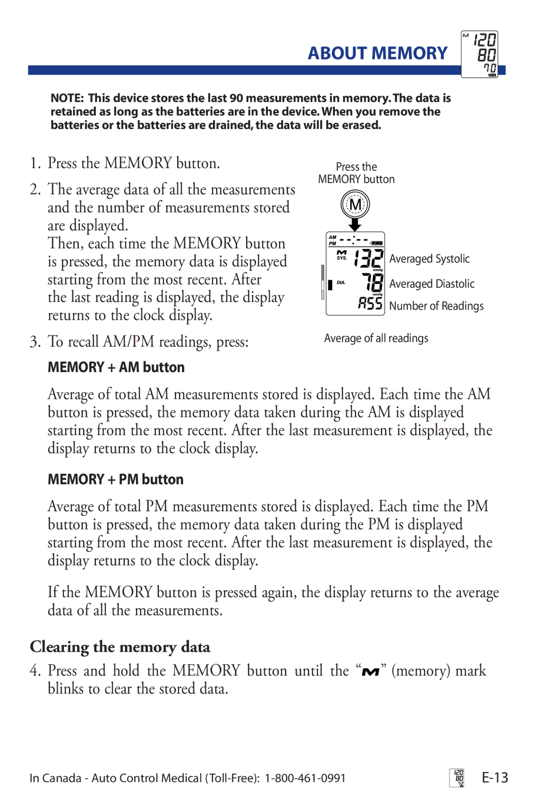 A&D UA-853 manual About Memory, Clearing the memory data, Memory + AM button, Memory + PM button 