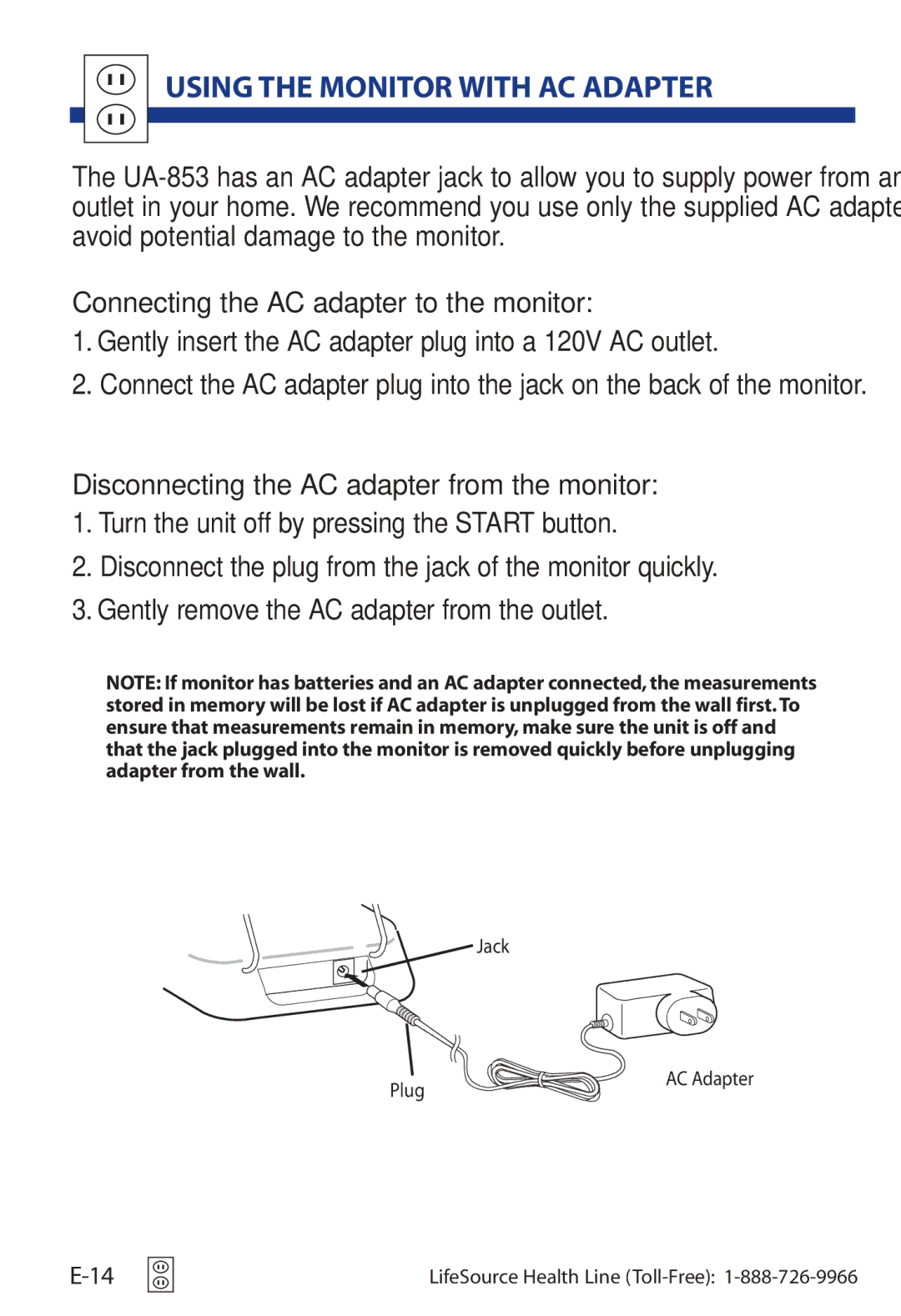 A&D UA-853 manual Using the Monitor with AC Adapter, Connecting the AC adapter to the monitor 