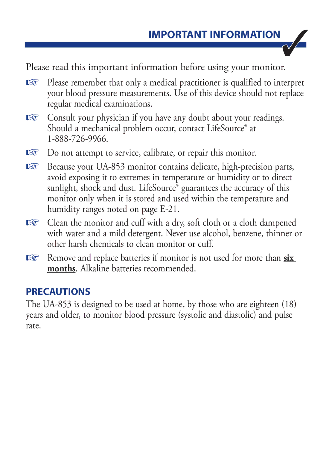 A&D UA-853 manual Important INFORMATION, Precautions 