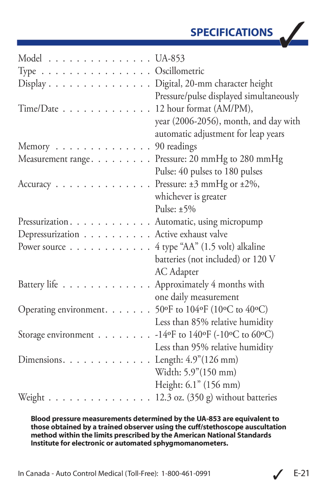 A&D UA-853 manual Specifications 