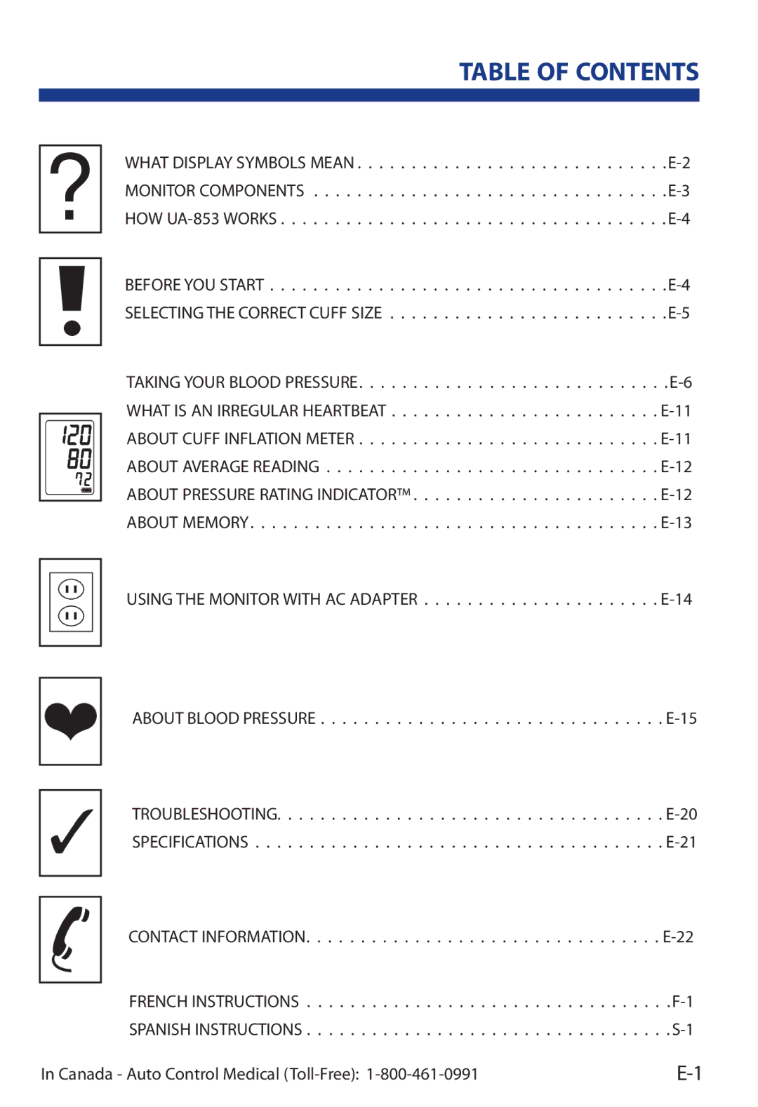 A&D UA-853 manual Table of Contents 