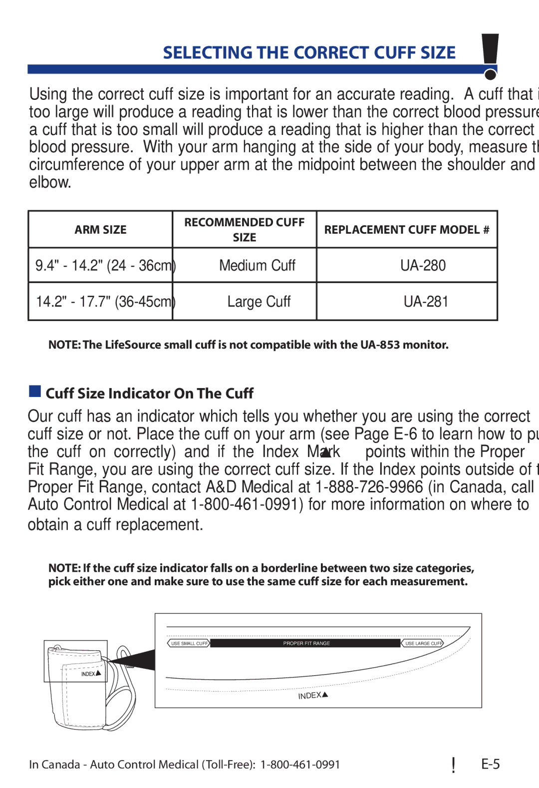 A&D UA-853 manual Selecting the Correct Cuff Size, Cuff Size Indicator On The Cuff 