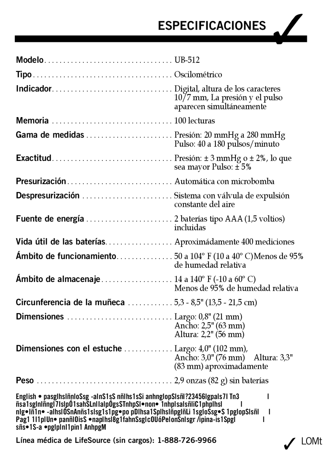 A&D UB-512 manual Especificaciones, Incluidas 