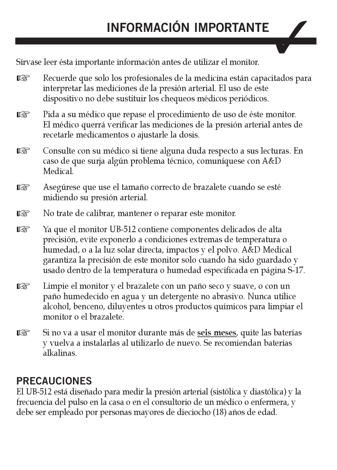 A&D UB-512 manual Información Importante, Precauciones 