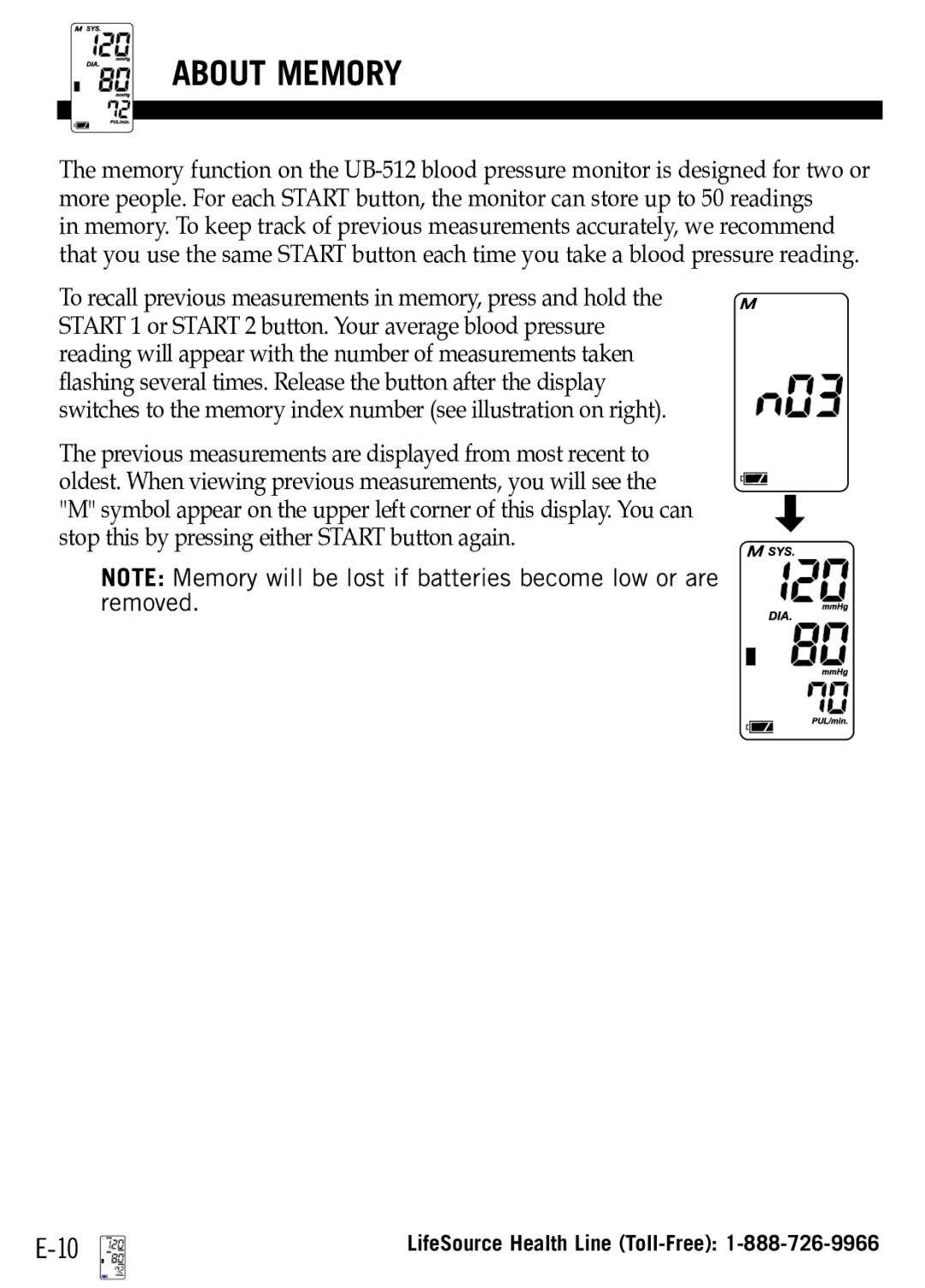 A&D UB-512 manual About Memory, To recall previous measurements in memory, press and hold 