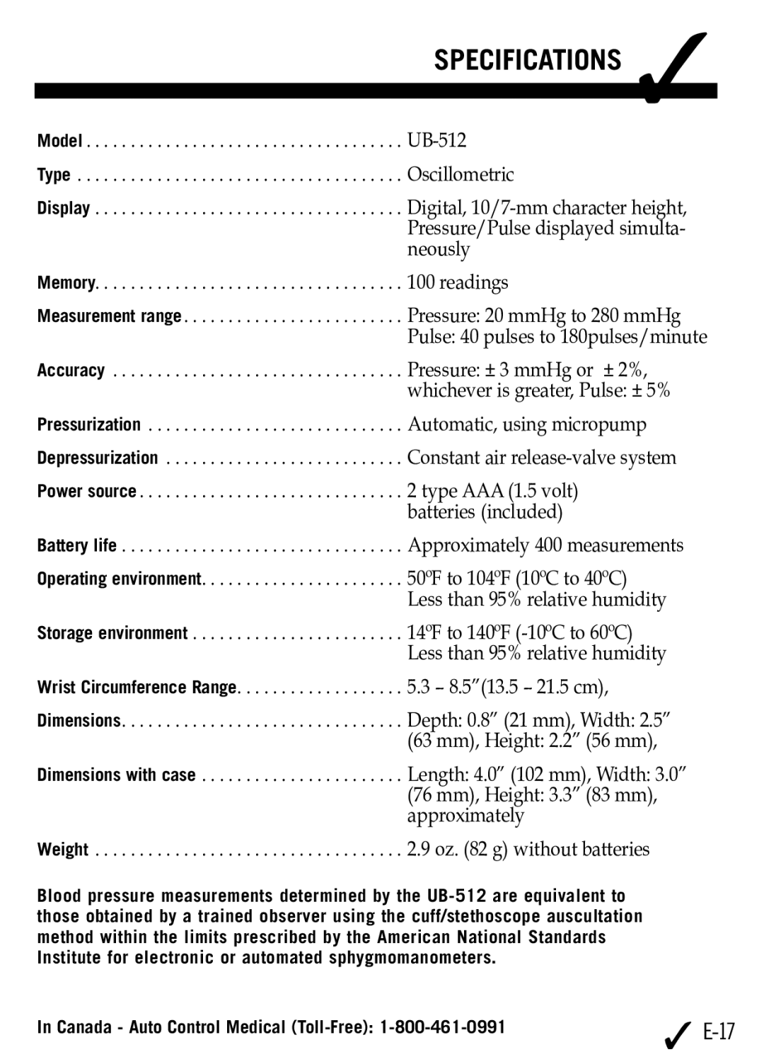 A&D UB-512 manual Specifications 