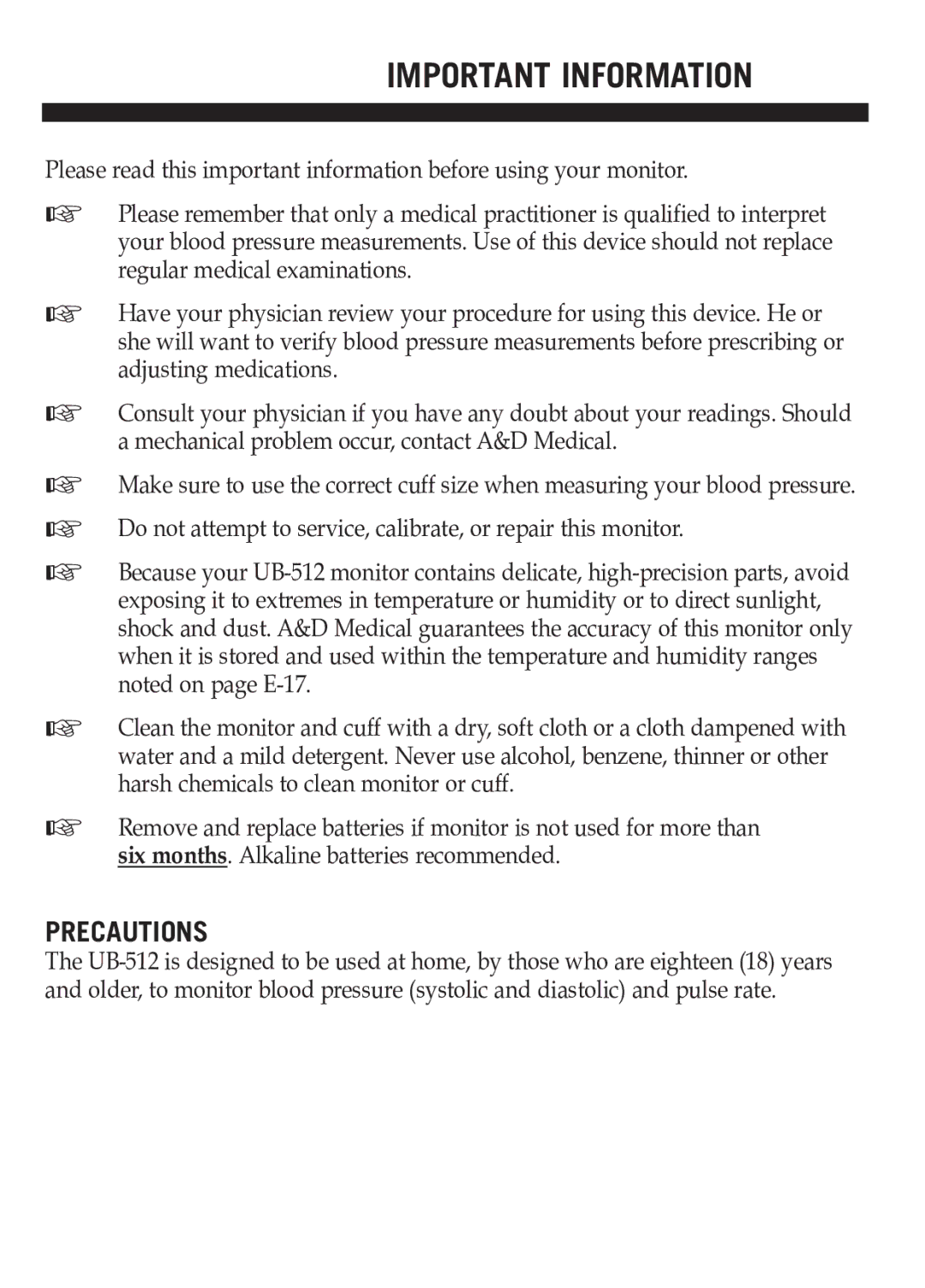 A&D UB-512 manual Important Information, Precautions 