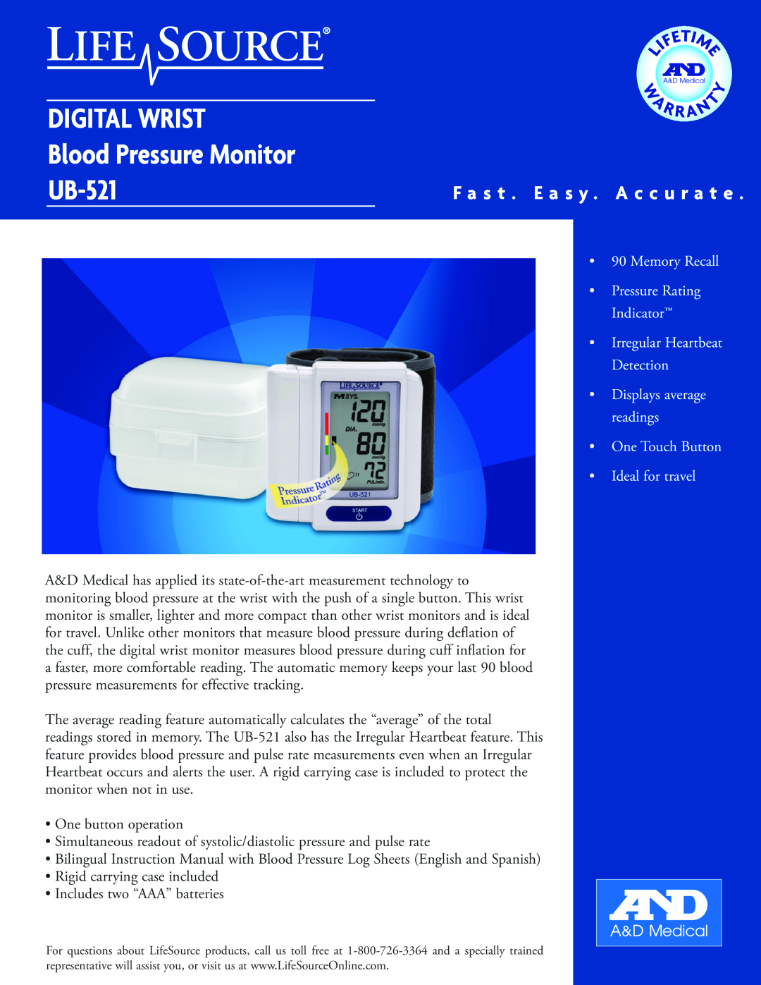A&D instruction manual DIGITAL WRIST Blood Pressure Monitor UB-521, F a s t . E a s y . A c c u r a t e 