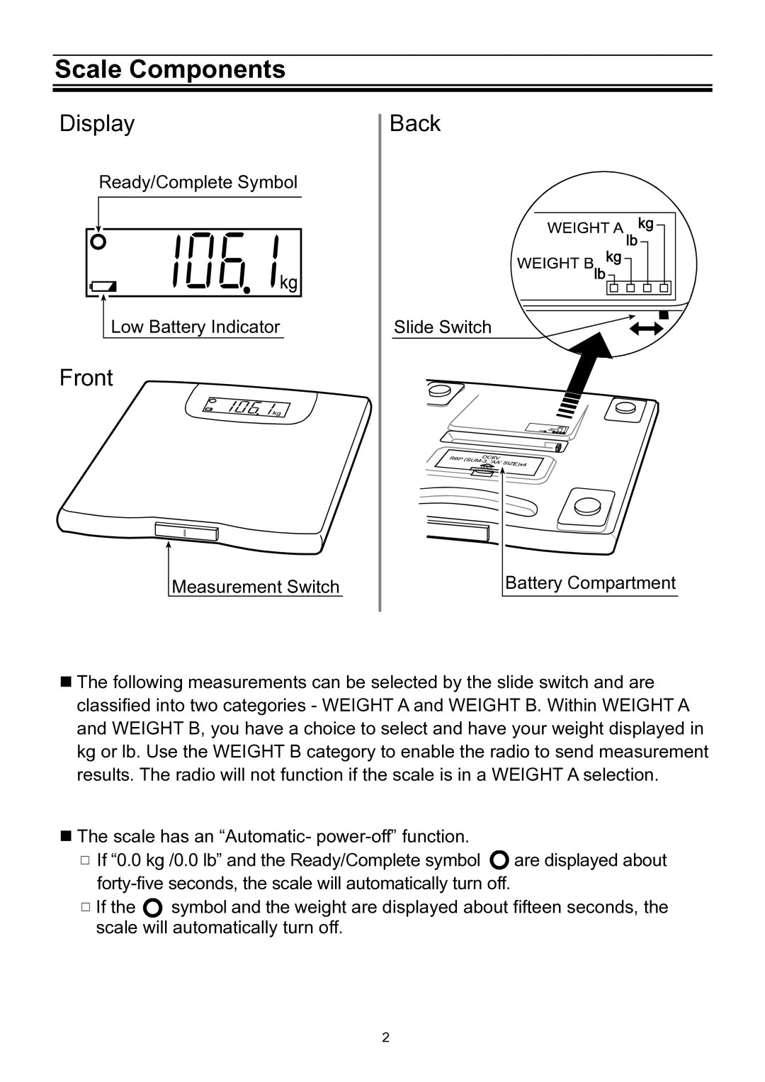 A&D UC-321PBT-C instruction manual Scale Components, Display, Front, Back 