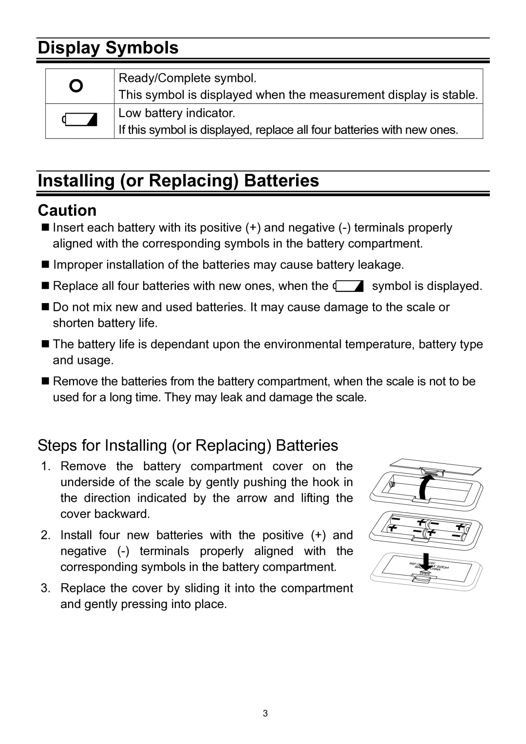 A&D UC-321PBT-C instruction manual Display Symbols, Steps for Installing or Replacing Batteries 