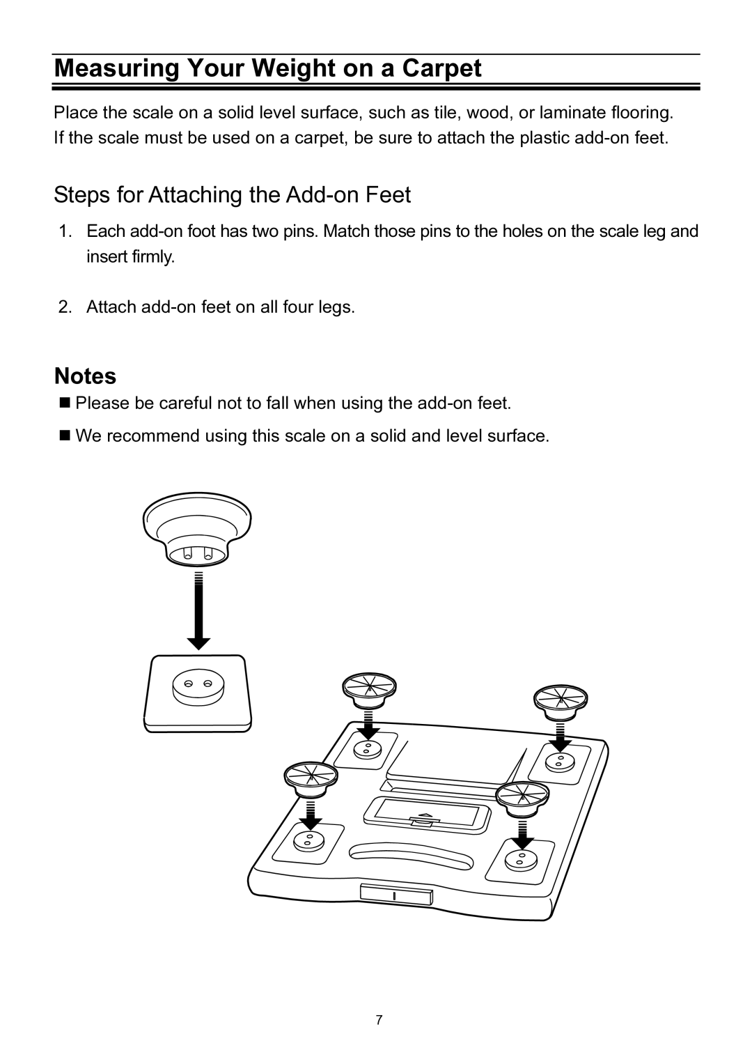 A&D UC-321PBT-C instruction manual Measuring Your Weight on a Carpet, Steps for Attaching the Add-on Feet 