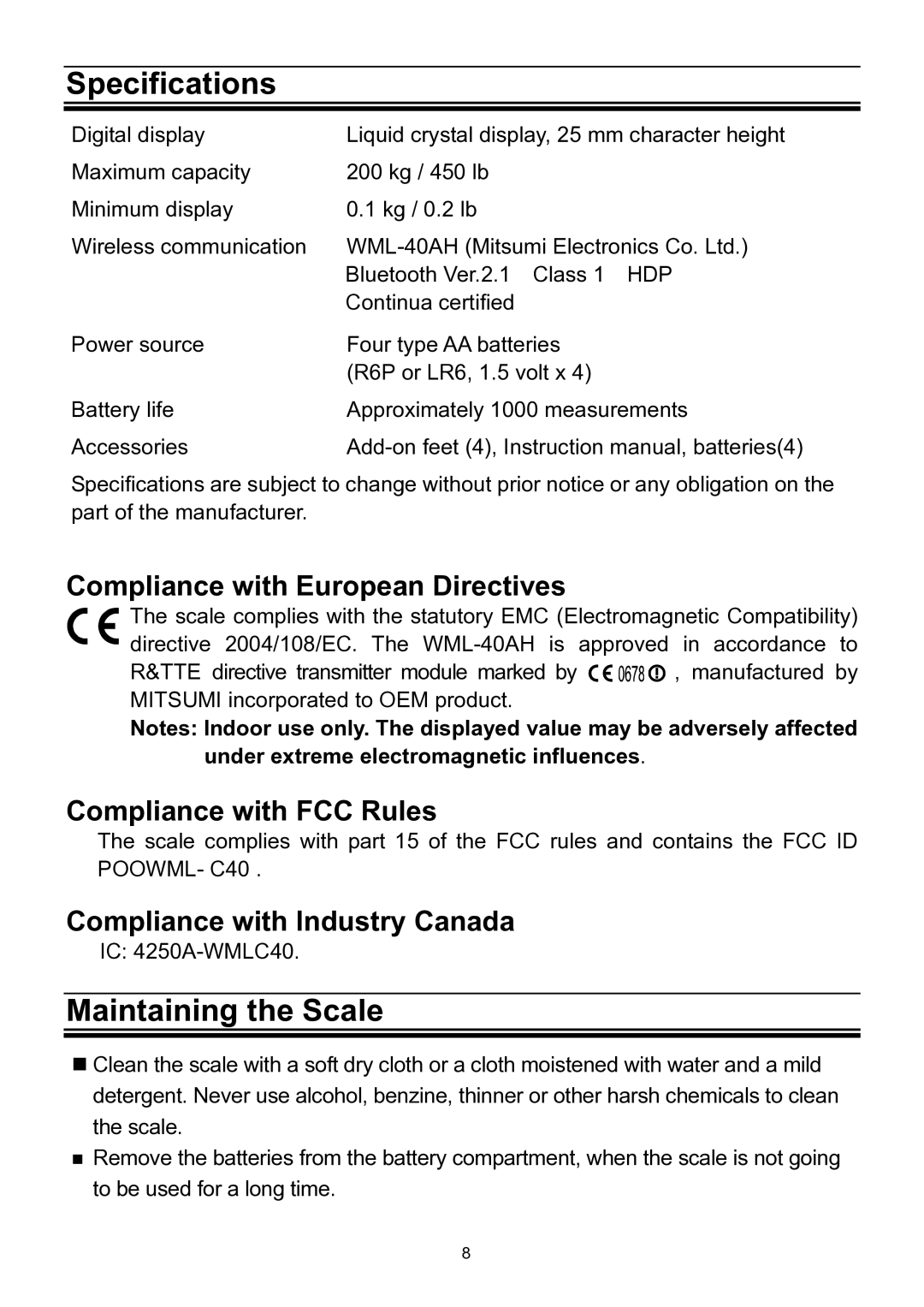 A&D UC-321PBT-C instruction manual Specifications, Maintaining the Scale 