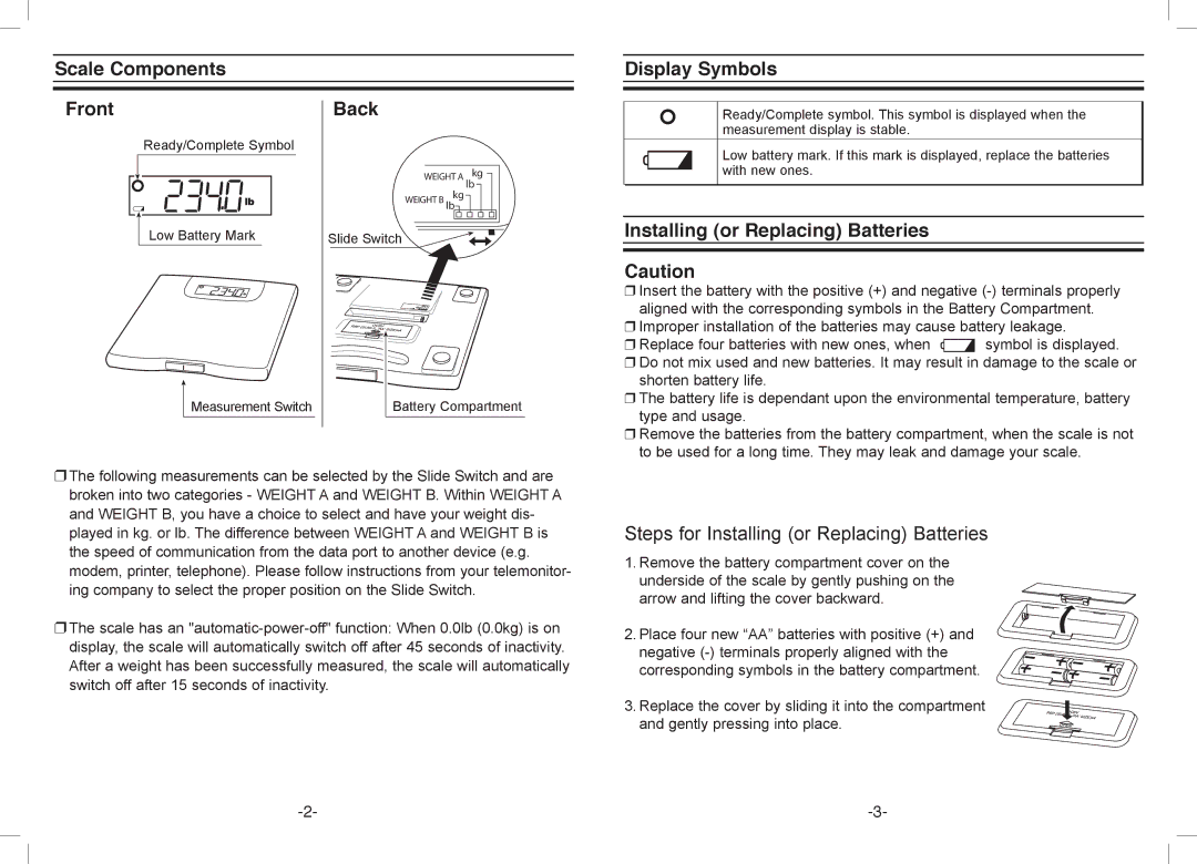 A&D UC-321PL specifications Scale Components FrontBack, Display Symbols, Installing or Replacing Batteries 