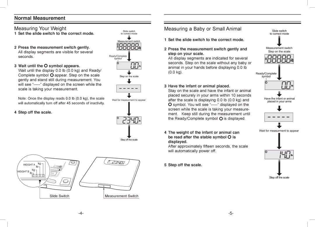 A&D UC-321PL specifications Normal Measurement, Measuring Your Weight, Measuring a Baby or Small Animal 