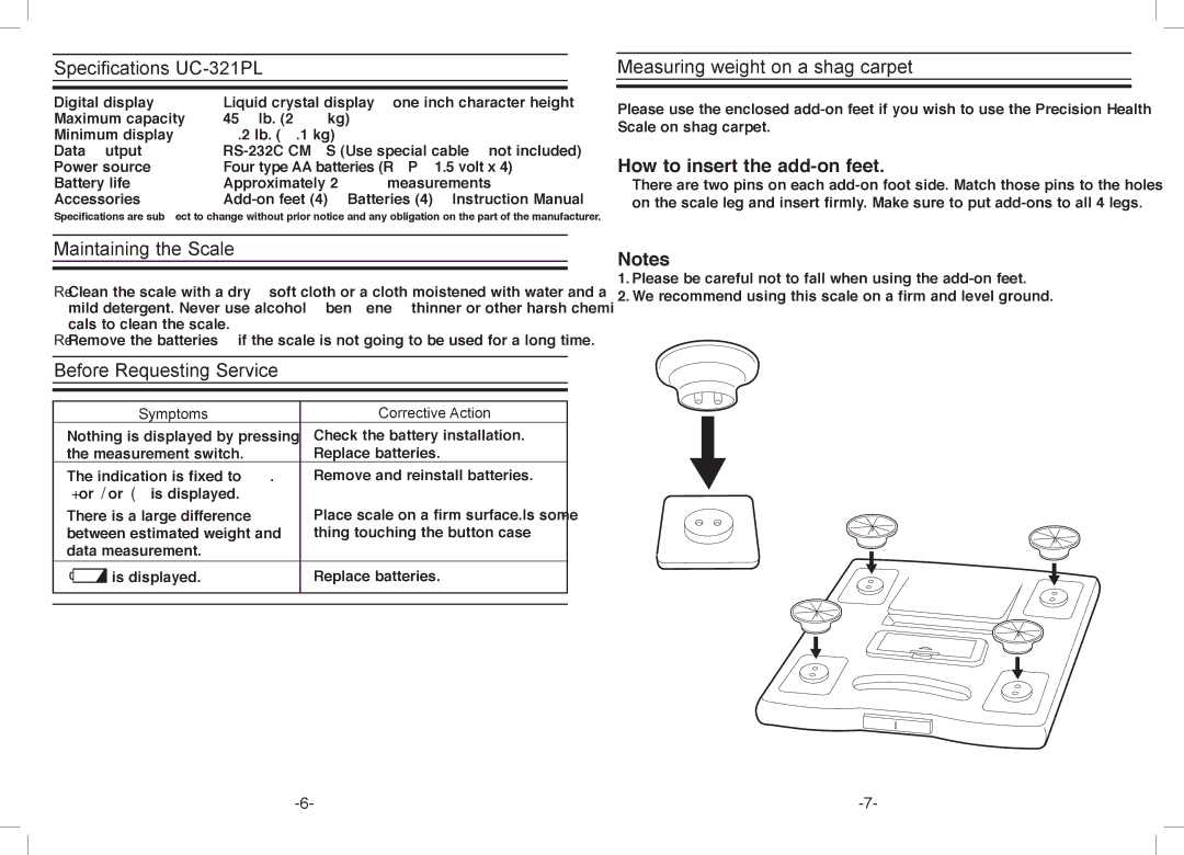 A&D Specifications UC-321PL, Maintaining the Scale, Before Requesting Service, Measuring weight on a shag carpet 