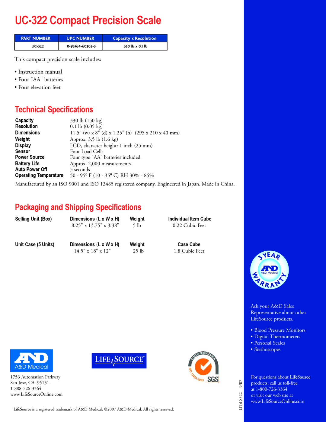 A&D manual UC-322 Compact Precision Scale, Technical Specifications, Packaging and Shipping Specifications 