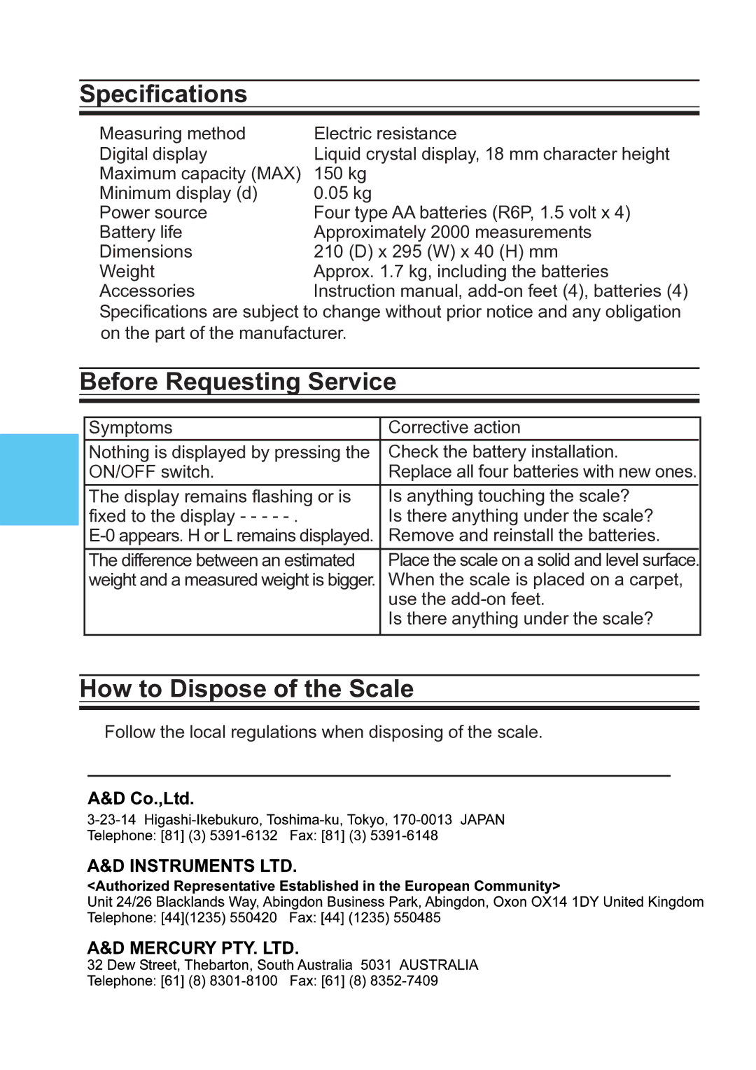 A&D UC-322 specifications Specifications, Before Requesting Service, How to Dispose of the Scale 