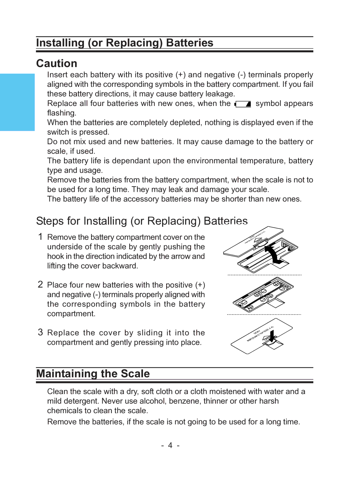 A&D UC-322 specifications Steps for Installing or Replacing Batteries, Maintaining the Scale 