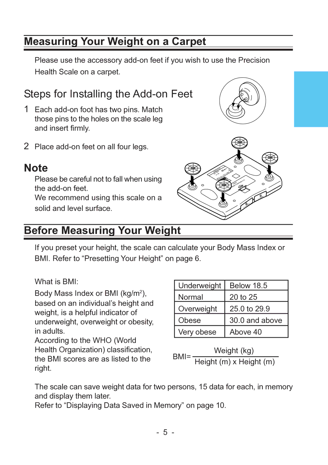 A&D UC-322 Measuring Your Weight on a Carpet, Steps for Installing the Add-on Feet, Before Measuring Your Weight 