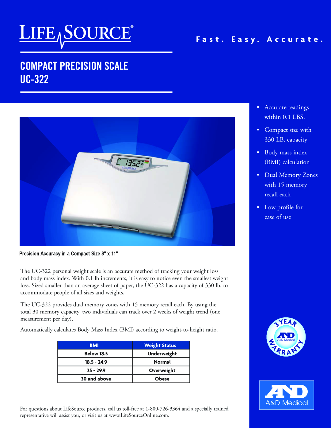 A&D manual Compact Precision scale UC-322, F a s t . E a s y . A c c u r a t e, Low profile for ease of use 