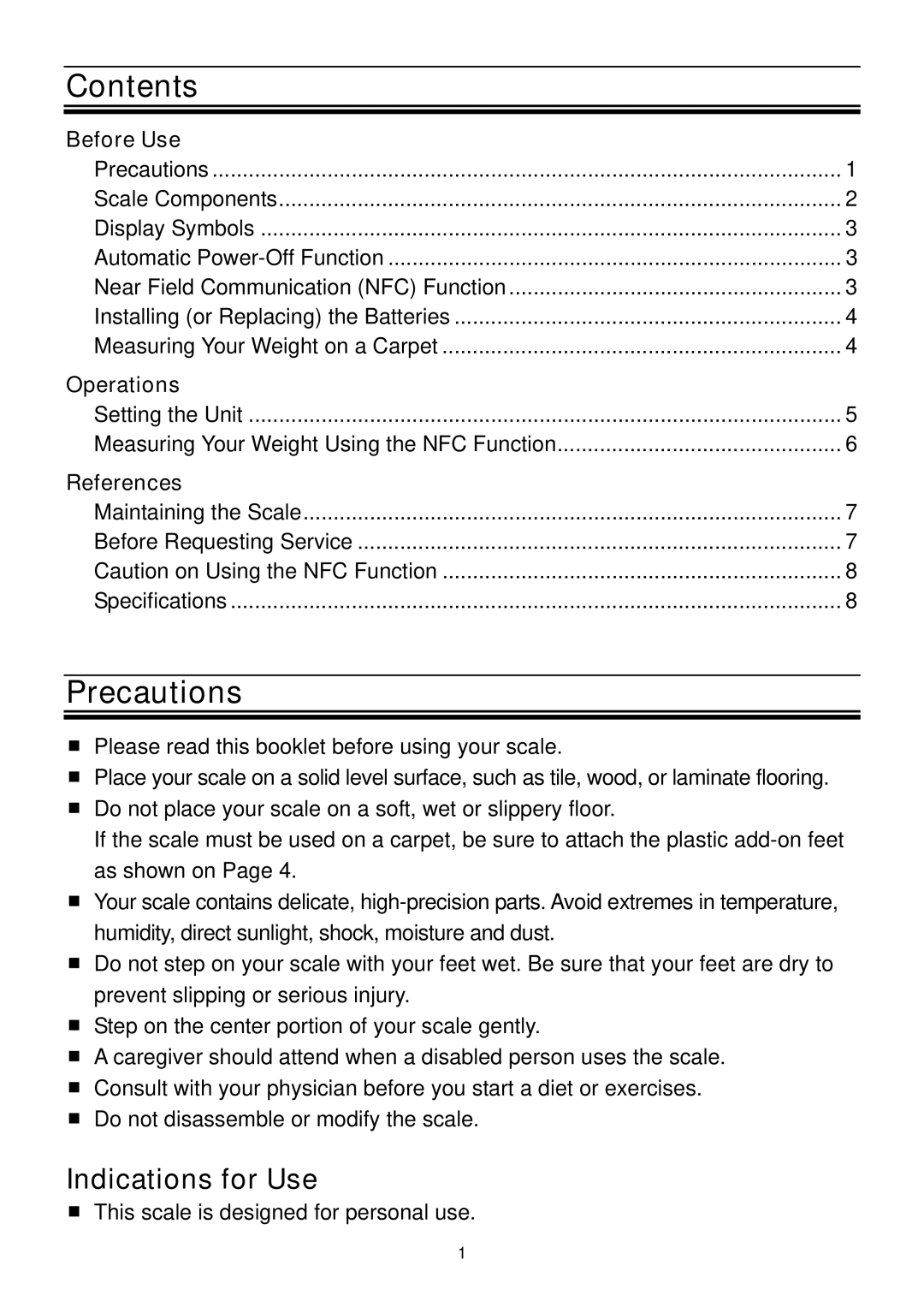 A&D UC-324NFC instruction manual Contents, Precautions 