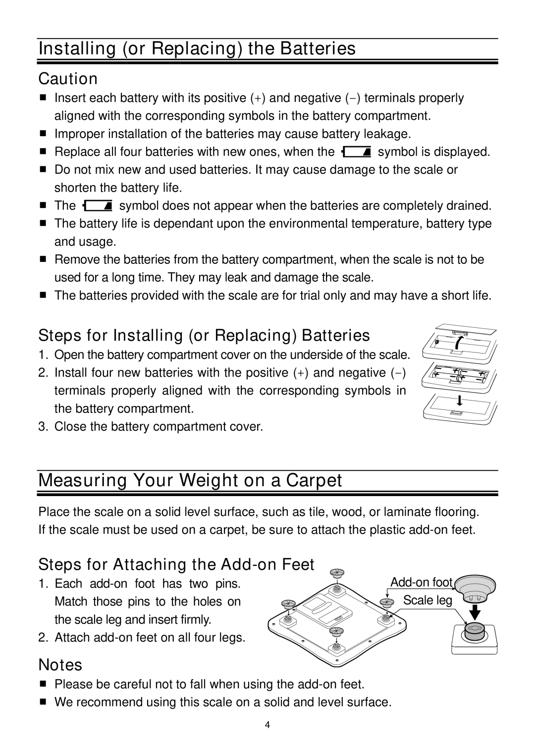 A&D UC-324NFC instruction manual Installing or Replacing the Batteries, Measuring Your Weight on a Carpet 