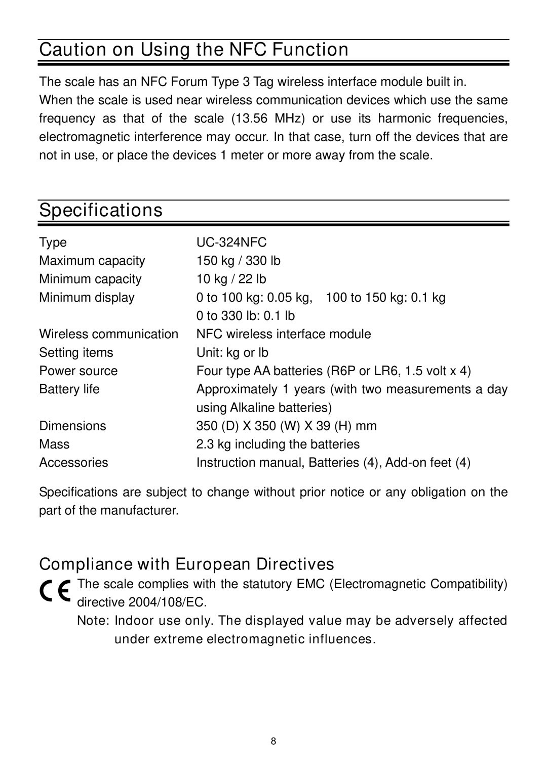 A&D UC-324NFC instruction manual Specifications, Compliance with European Directives 