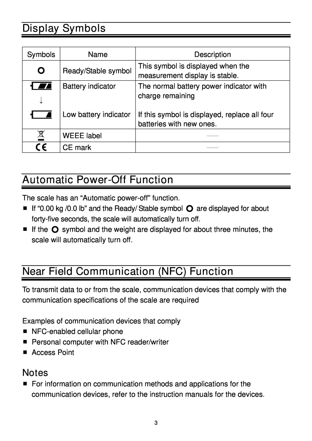 A&D UC-324NFC instruction manual Display Symbols, Automatic Power-Off Function, Near Field Communication NFC Function 