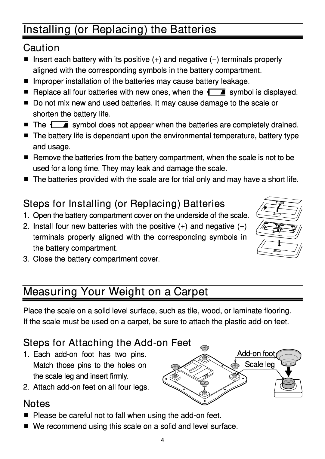 A&D UC-324NFC instruction manual Installing or Replacing the Batteries, Measuring Your Weight on a Carpet 