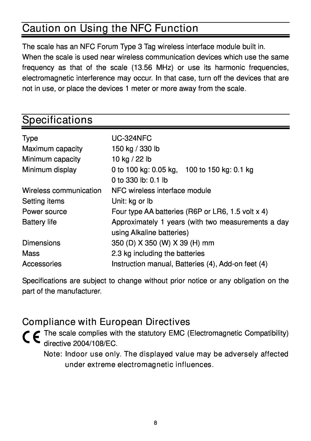 A&D UC-324NFC instruction manual Caution on Using the NFC Function, Specifications, Compliance with European Directives 