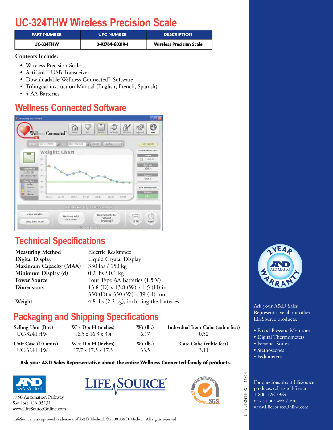 A&D warranty UC-324THW Wireless Precision Scale, Wellness Connected Software Technical Specifications 