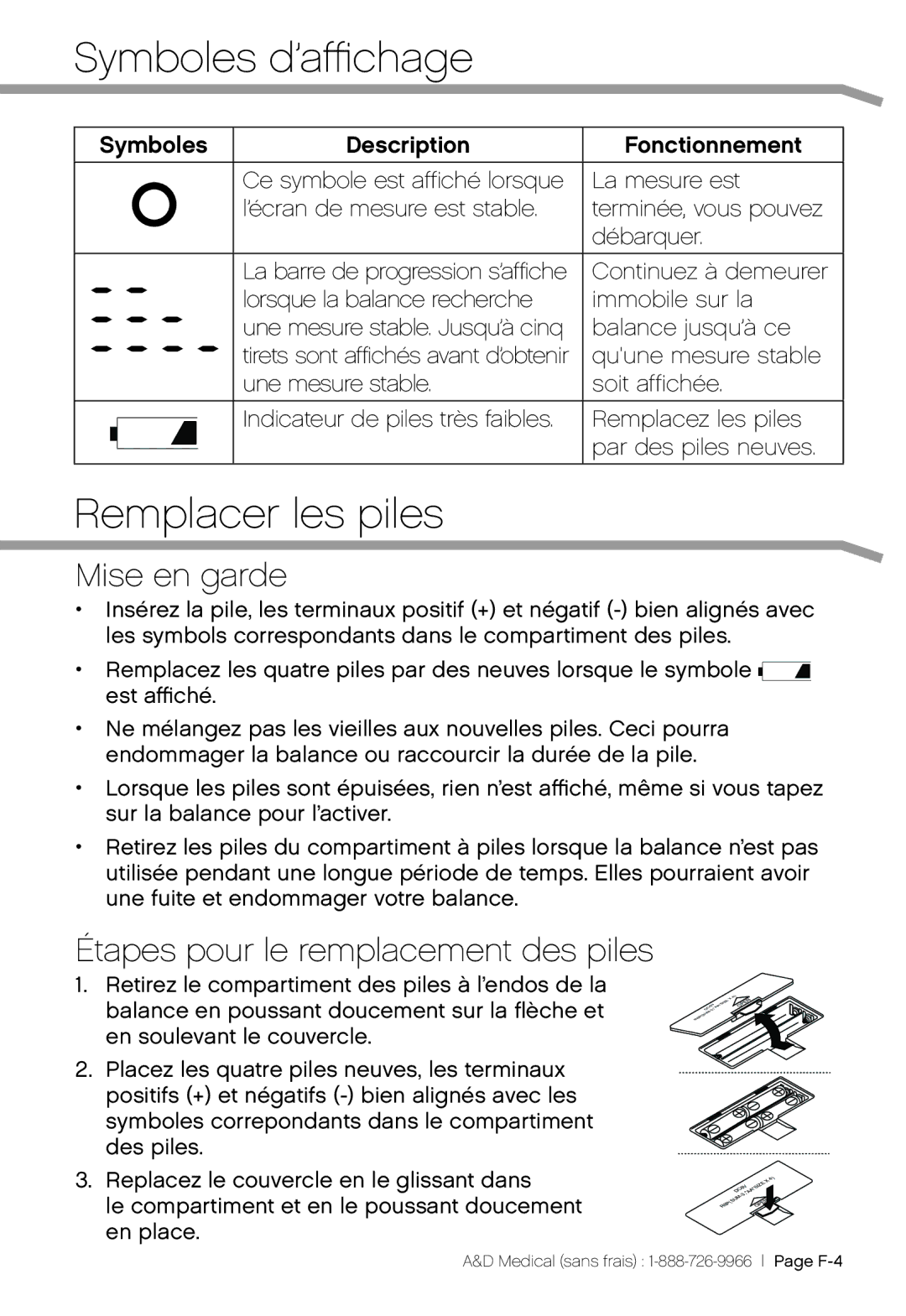 A&D UC-324THW, UC-324THX Symboles d’affichage, Remplacer les piles, Mise en garde, Étapes pour le remplacement des piles 