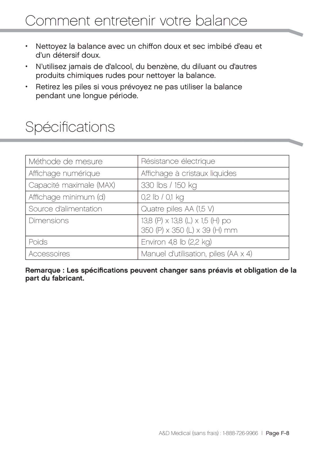 A&D UC-324THX, UC-324TMW, UC-324THW user manual Comment entretenir votre balance, Spécifications 