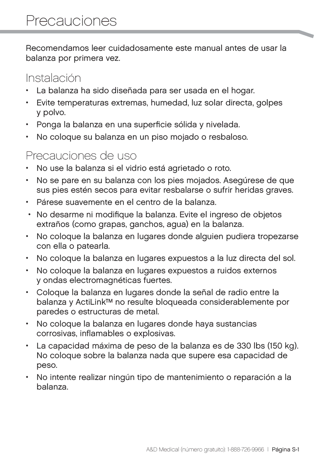 A&D UC-324TMW, UC-324THX, UC-324THW user manual Instalación, Precauciones de uso 