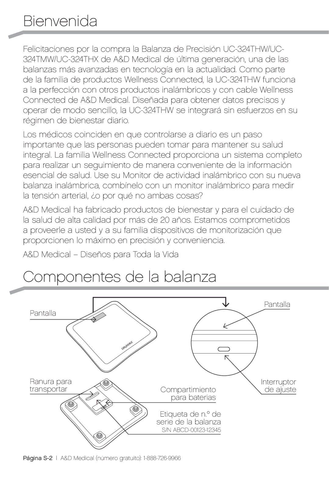 A&D UC-324THW, UC-324THX, UC-324TMW user manual Bienvenida, Componentes de la balanza 