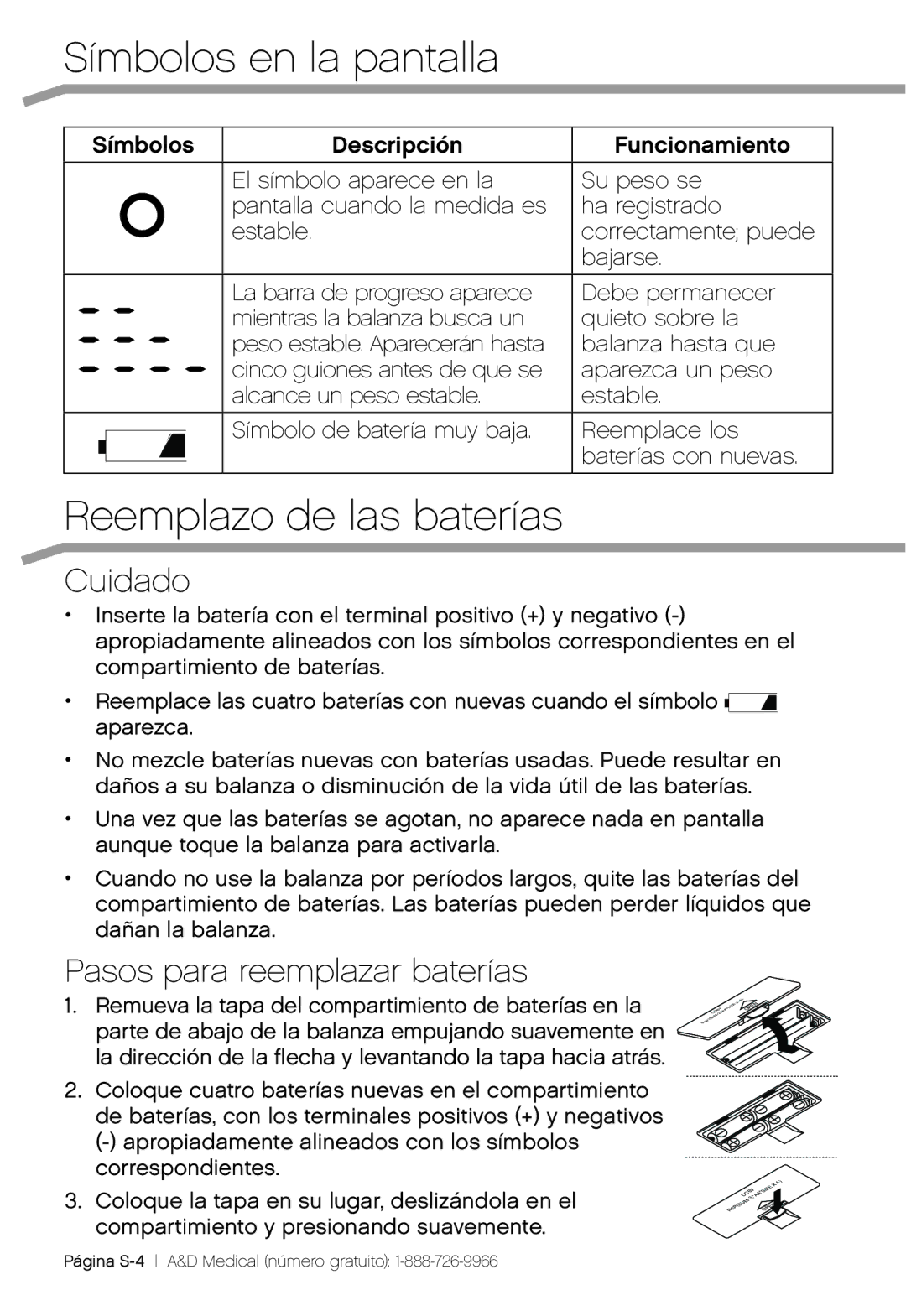 A&D UC-324TMW, UC-324THX Símbolos en la pantalla, Reemplazo de las baterías, Cuidado, Pasos para reemplazar baterías 