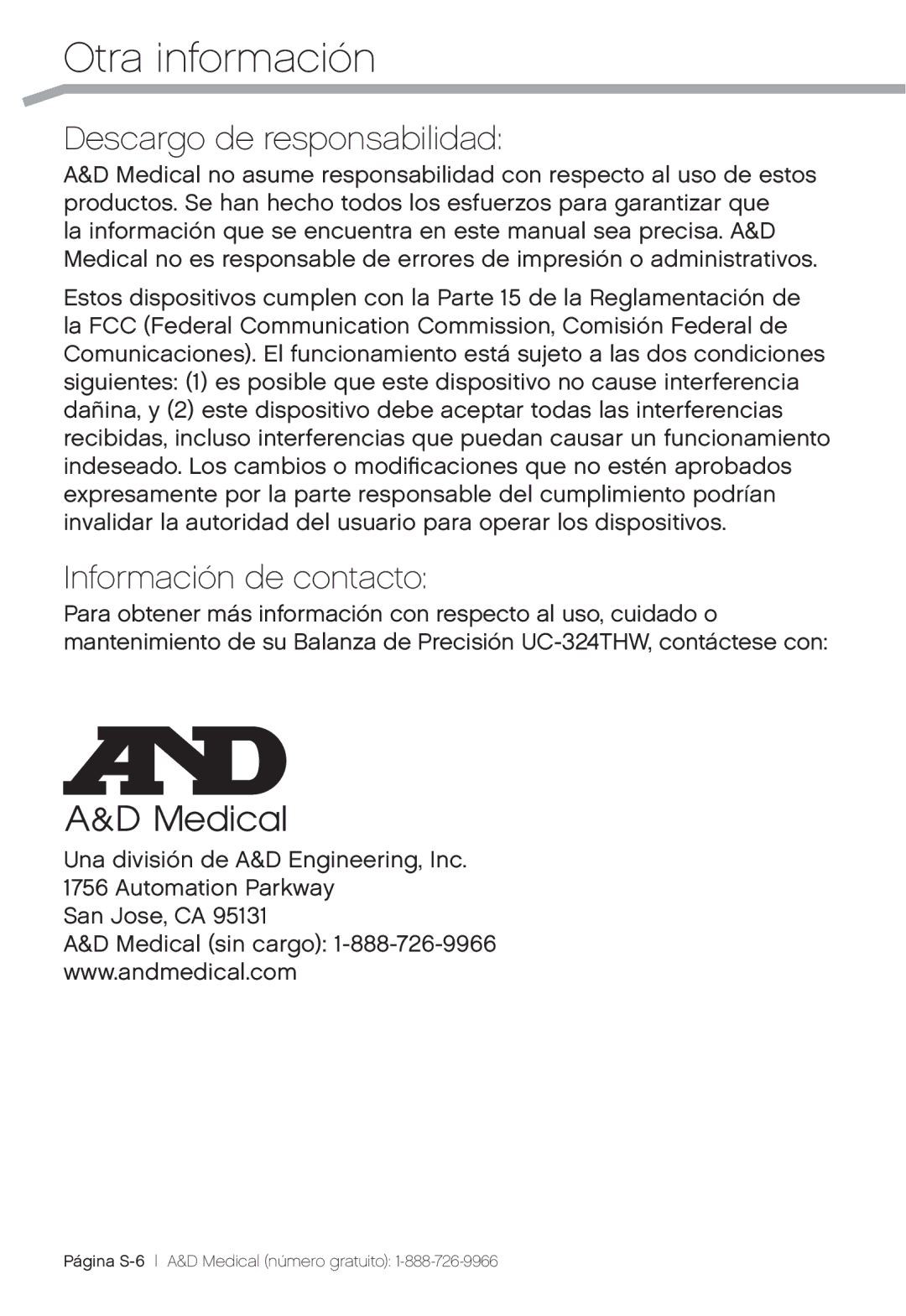 A&D UC-324THX, UC-324TMW, UC-324THW user manual Descargo de responsabilidad, Información de contacto 