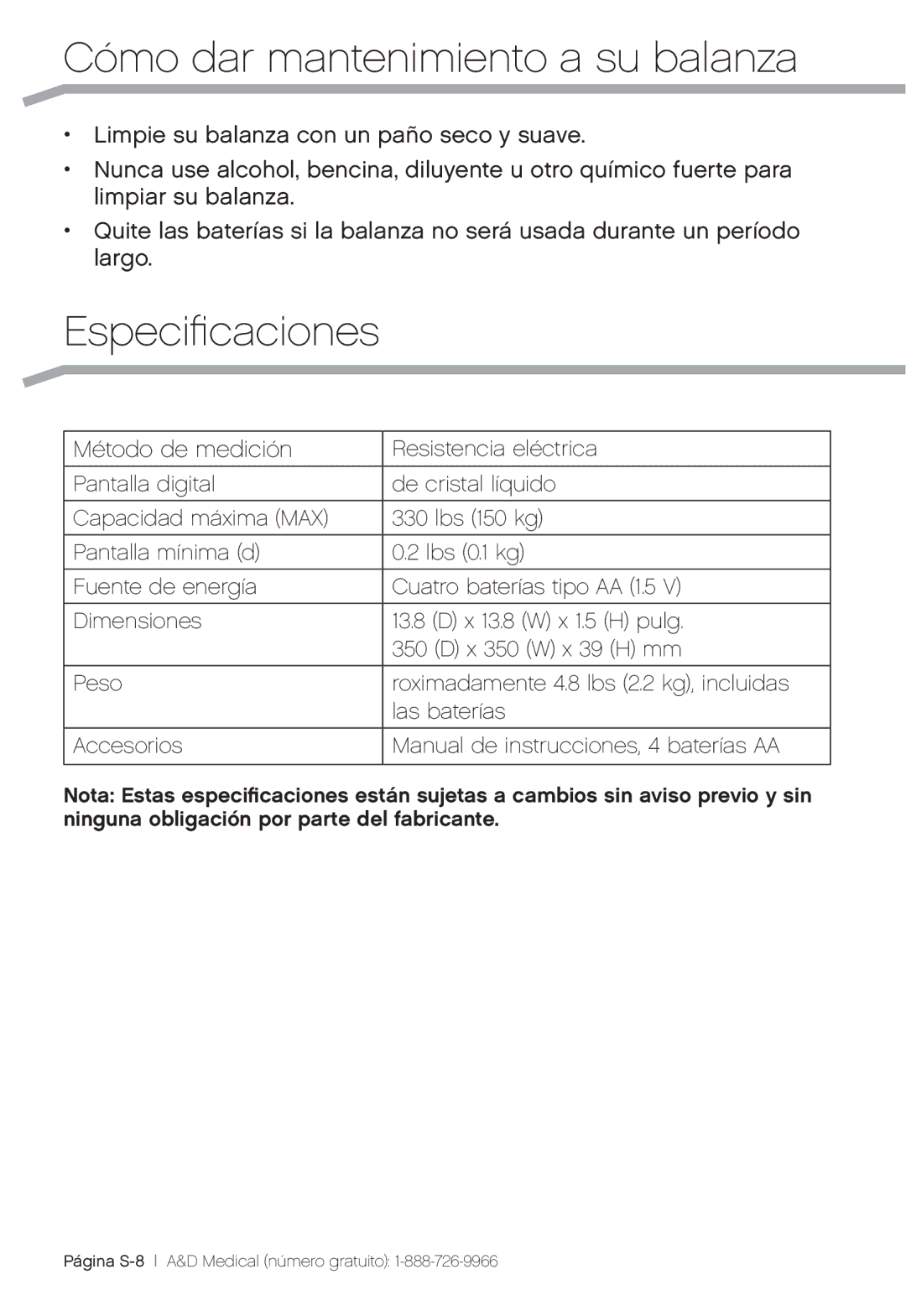 A&D UC-324THW, UC-324THX, UC-324TMW user manual Cómo dar mantenimiento a su balanza, Especificaciones 