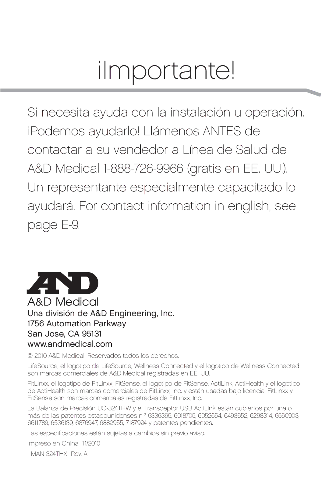 A&D UC-324THX, UC-324TMW, UC-324THW user manual ¡Importante 