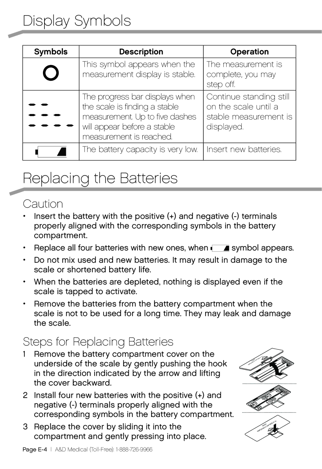 A&D UC-324THX, UC-324TMW, UC-324THW user manual Display Symbols, Replacing the Batteries, Steps for Replacing Batteries 