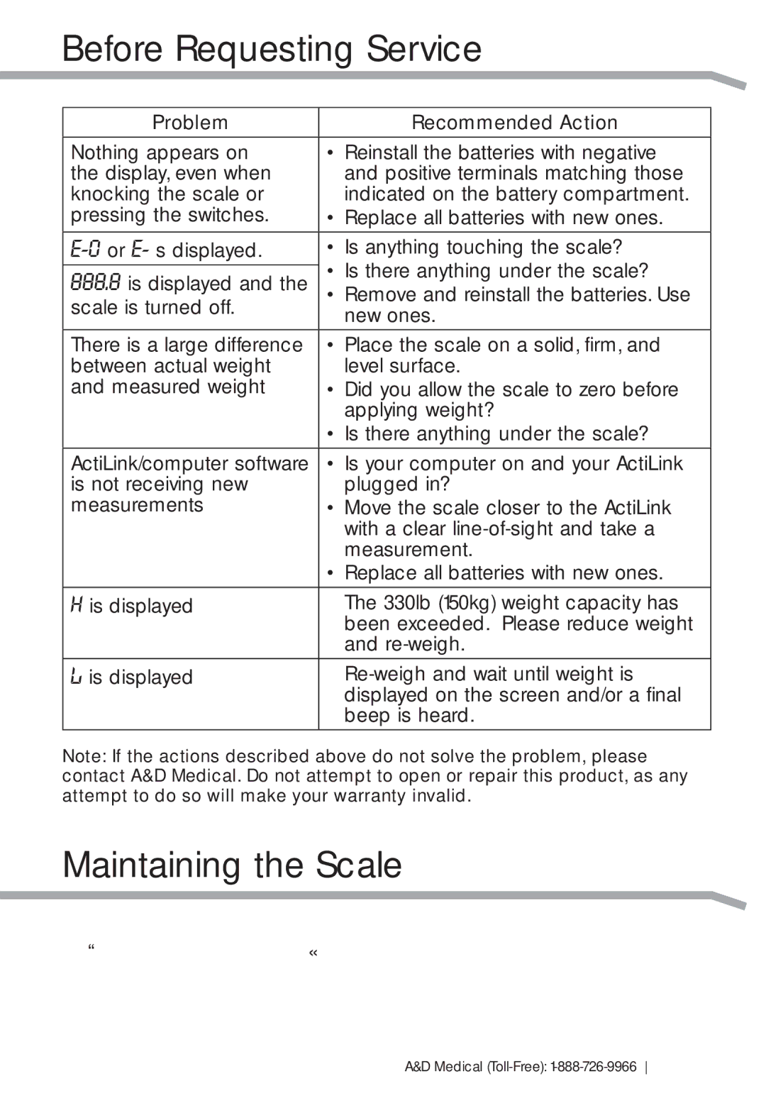 A&D UC-324THX, UC-324TMW, UC-324THW user manual Before Requesting Service, Maintaining the Scale 